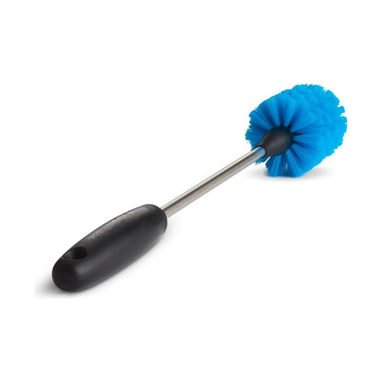 Bottle brush with blue bristles, black handle, and metal shaft