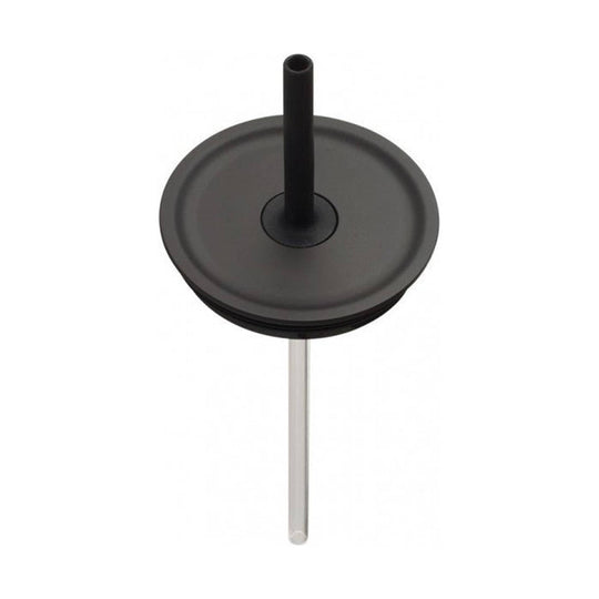 Black round straw lid with a vertical black straw and a silver metal tube