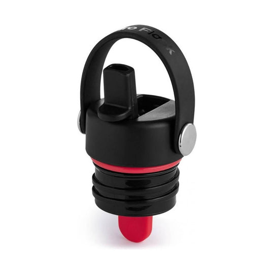 Black bottle cap with a red straw and hinged carrying loop