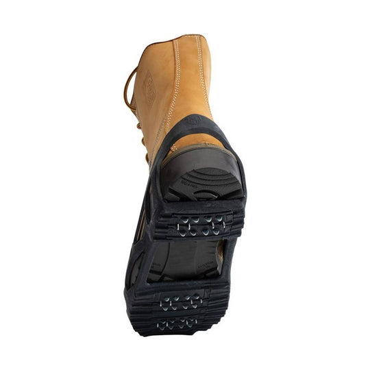 Tan lace-up cleat with black sole, shown from the bottom to display the tread