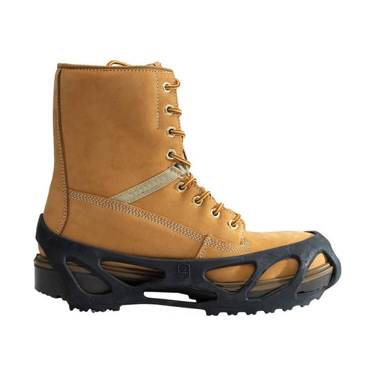 Tan lace-up work boot with a black rugged outsole and side cutouts