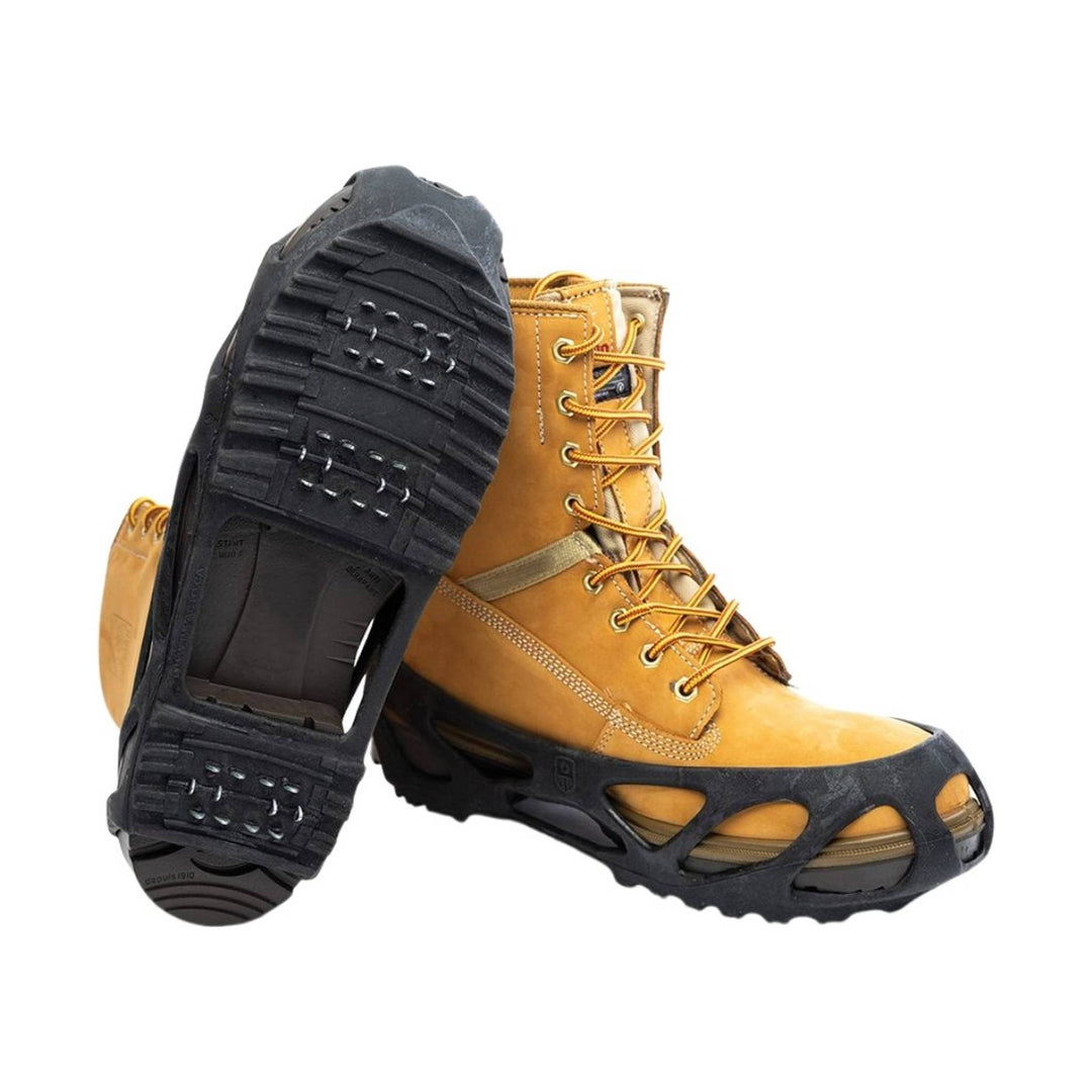 Tan lace-up work boot with black protective sole and toe bumper, shown with one boot upright and one sole facing forward