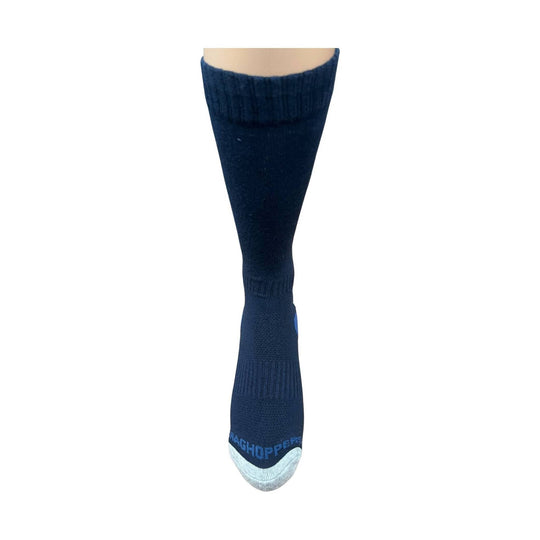 Dark navy knee-high sock with ribbed cuff, light gray toe, and blue logo text near the toe