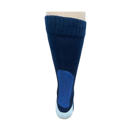 Navy knee-high sock with blue arch support and light gray toe