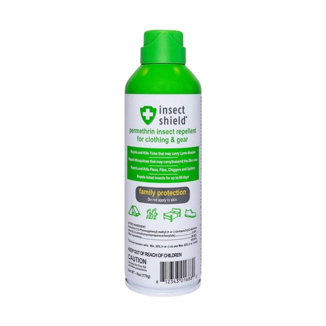 Green aerosol repellent spray can for clothing and gear with white label and safety warning text
