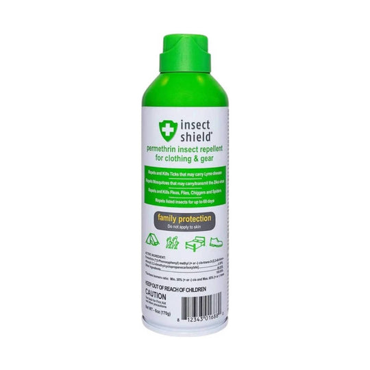 Green aerosol repellent spray can for clothing and gear with white label and safety warning text