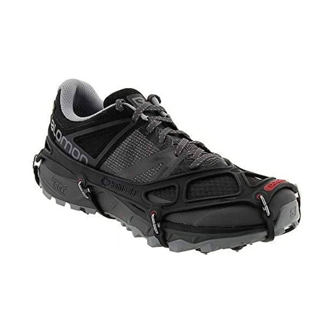 Black and gray trail running shoe with mesh upper, rubber overlays, and bungee laces