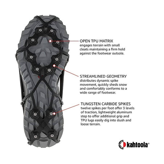 Gray and black strap-on traction cleat with metal spikes and feature callouts