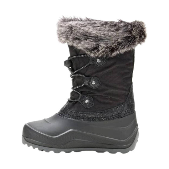 Black winter boot with faux fur cuff, lace-up front, and thick rubber sole