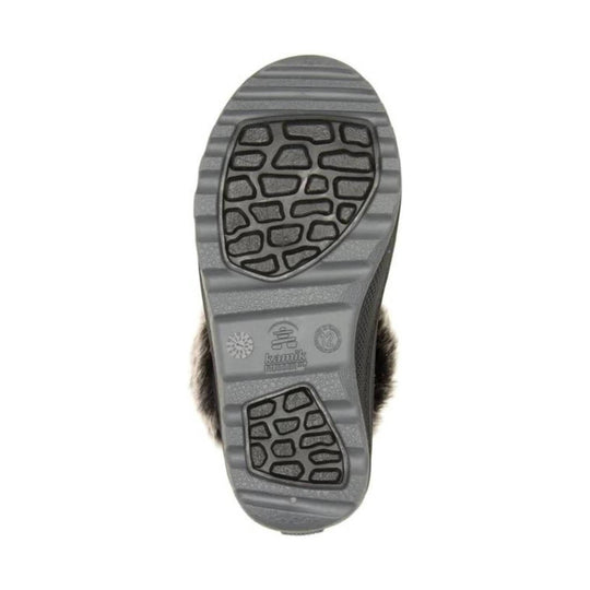 Gray boot outsole with rugged tread and Kamik logo marking