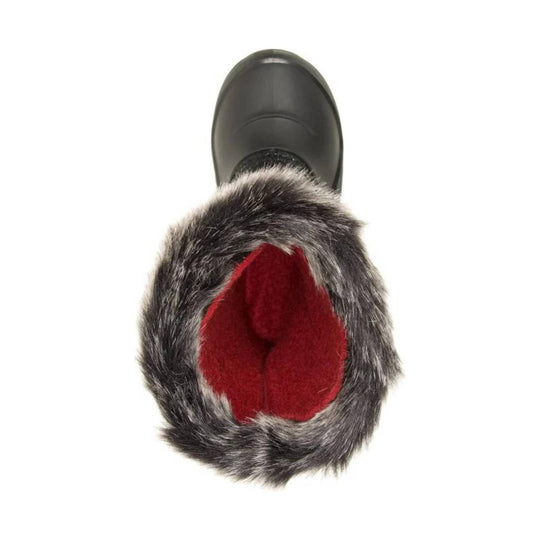 Black winter boot with faux fur trim and red fleece lining, shown from above
