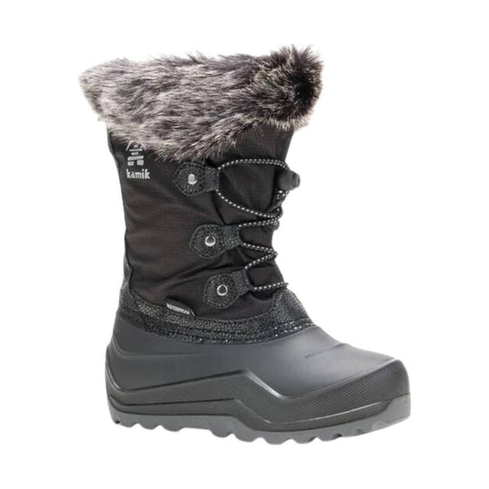 Black winter boot with faux-fur cuff, side lacing, and thick molded sole