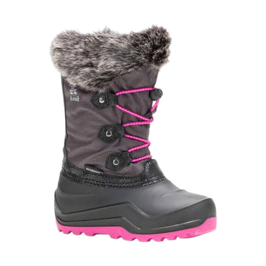 Charcoal winter boot with faux fur cuff, pink laces, and pink outsole