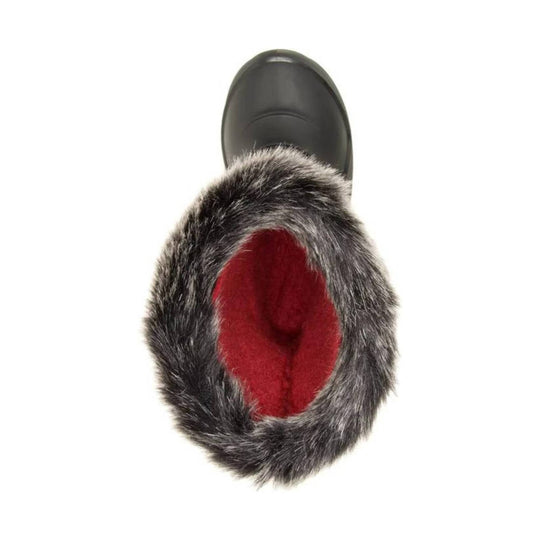 Black winter boot with gray faux fur trim and red lining, shown from above