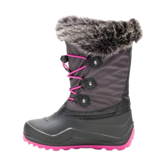 Charcoal winter boot with faux-fur cuff, pink laces, and pink outsole