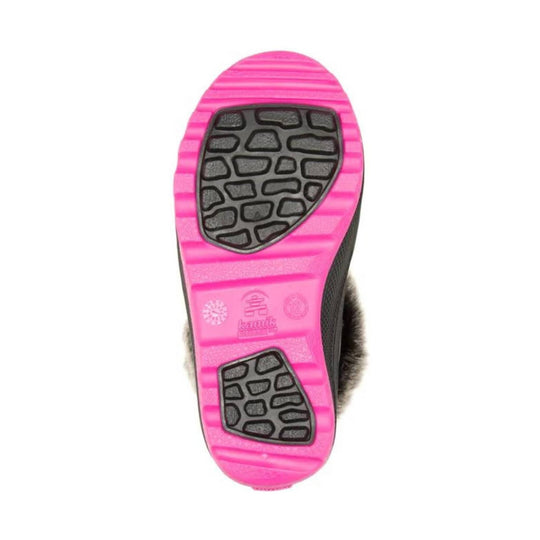 Boot sole with bright pink tread and black rubber traction pads