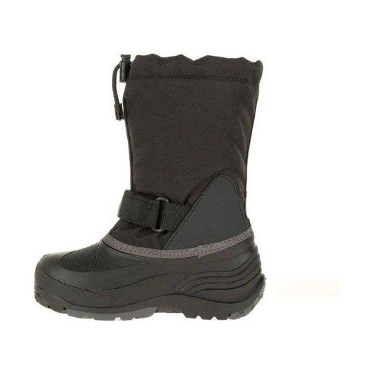 Black winter boot with tall insulated shaft, pull cord at top, strap closure, and thick molded sole