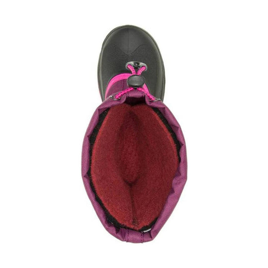 Top-down view of a black and magenta winter boot with bungee laces and red lining