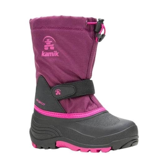 Purple and black insulated winter boot with pink trim, pull cord, and hook-and-loop strap