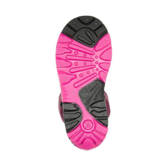 Pink and black boot outsole with rugged tread and visible size 12 marking