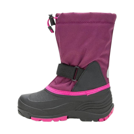 Purple and black winter boot with bright pink trim and a pull tab