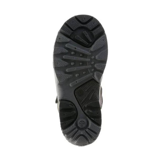 Black boot sole with deep tread and molded traction lugs
