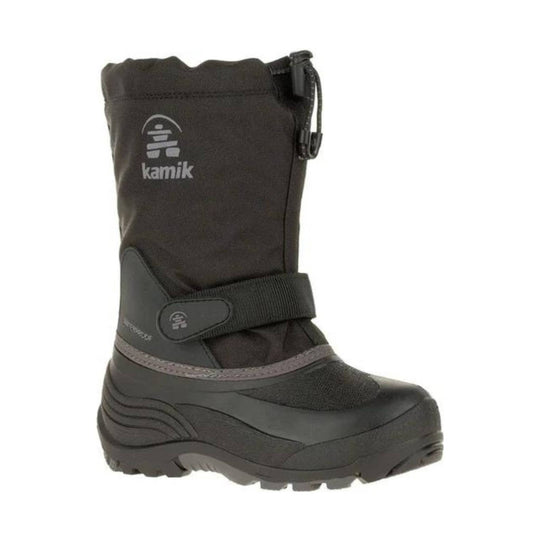 Dark winter boot with a tall insulated shaft, pull cord at the top, and a buckle strap across the ankle