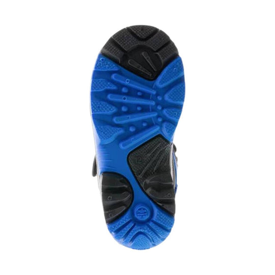Blue and black boot outsole with deep tread pattern