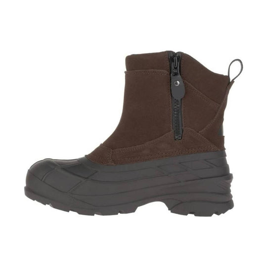 Brown mid-calf winter boot with a black rubber lower, side zipper, and pull loop