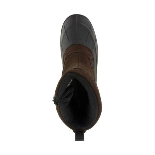 Brown and black insulated winter boot shown from above with a rubber toe cap and pull loop