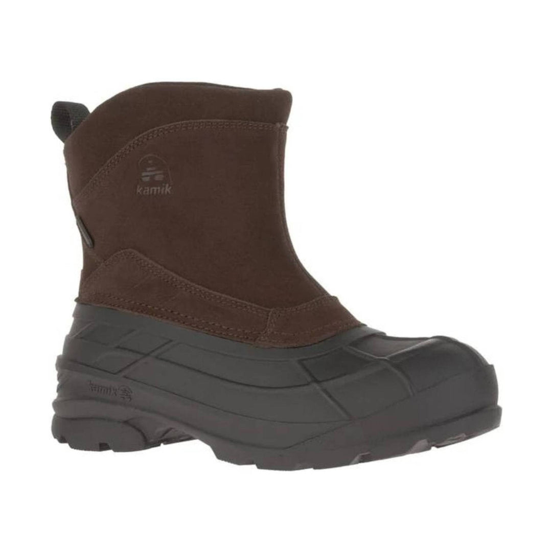 Brown winter boot with a black rubber lower, tall shaft, and pull tab