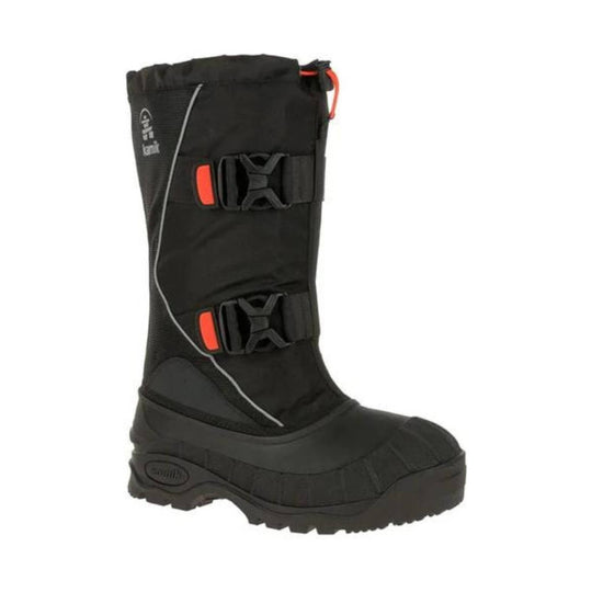Tall black insulated winter boot with two buckle straps and orange accents