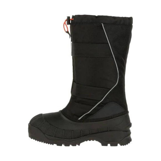 Black insulated winter boot with a tall shaft, round toe, thick treaded sole, and a side pull loop