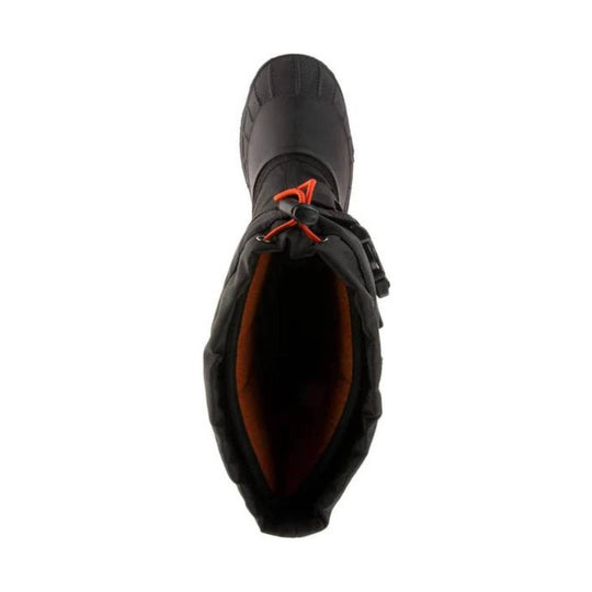 Black winter boot with orange lining, drawstring closure, and tall insulated shaft