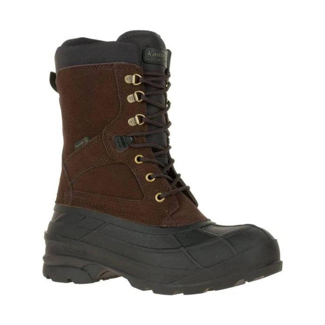 Brown insulated winter boot with black rubber shell, lace-up front, and padded cuff