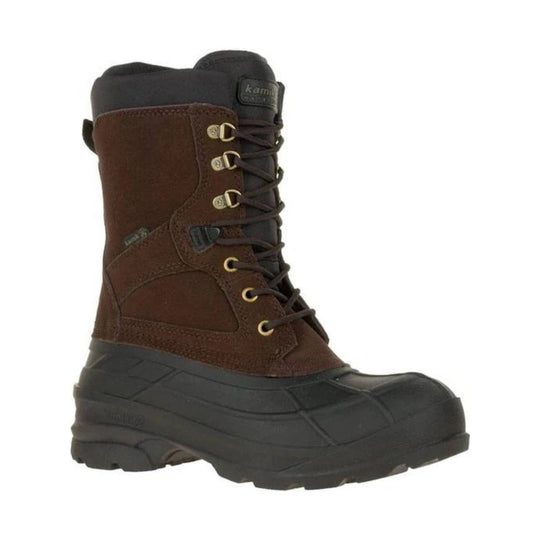 Brown insulated winter boot with black rubber shell, lace-up front, and padded cuff