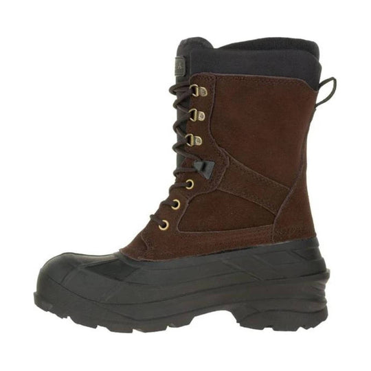 Brown winter boot with black rubber toe and sole, lace-up front, and padded collar