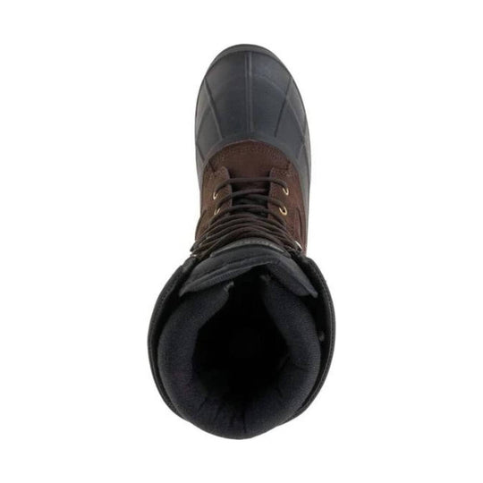 Dark brown and black winter boot with a rubber toe cap, lace-up front, and padded shaft