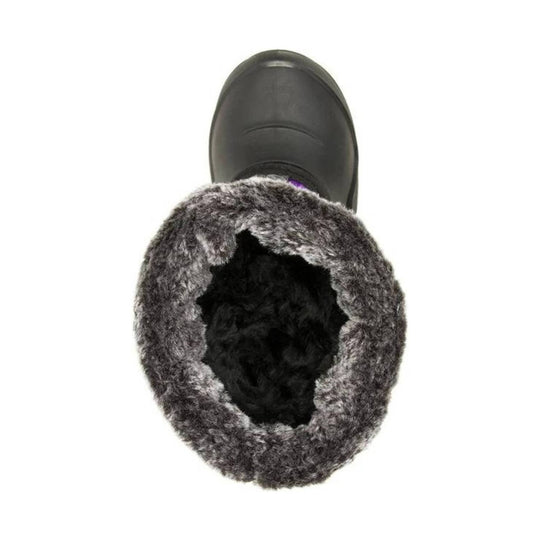 Black winter boot with gray faux-fur cuff, shown from above