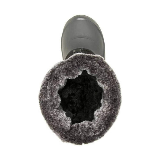 Gray winter boot with faux-fur cuff and black insulated lining, viewed from the top