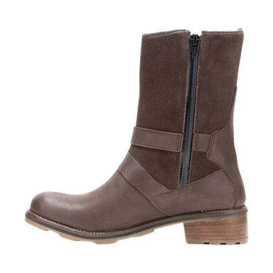 Brown mid-calf boot with a front zipper, rounded toe, and low stacked heel