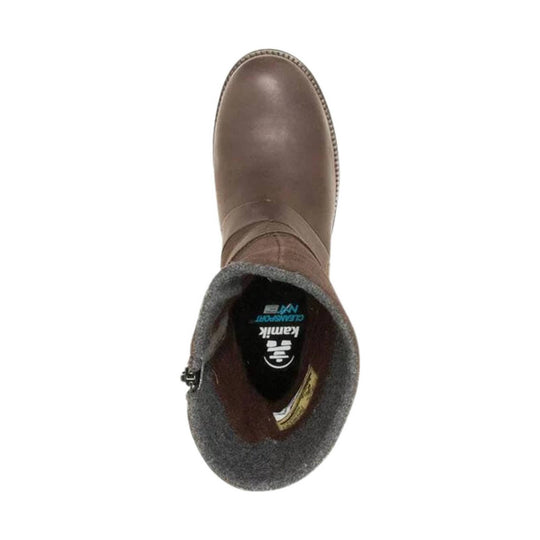 Brown ankle boot with faux-fur collar, side zipper, and rounded toe
