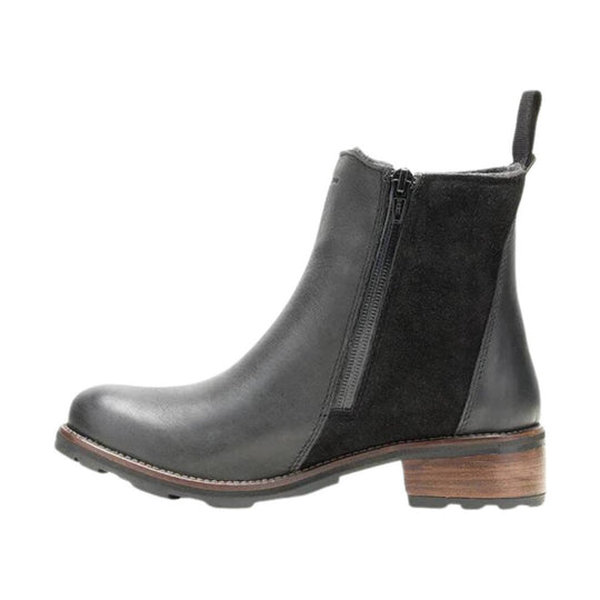 Black ankle boot with side zipper, pull tab, and stacked wood heel
