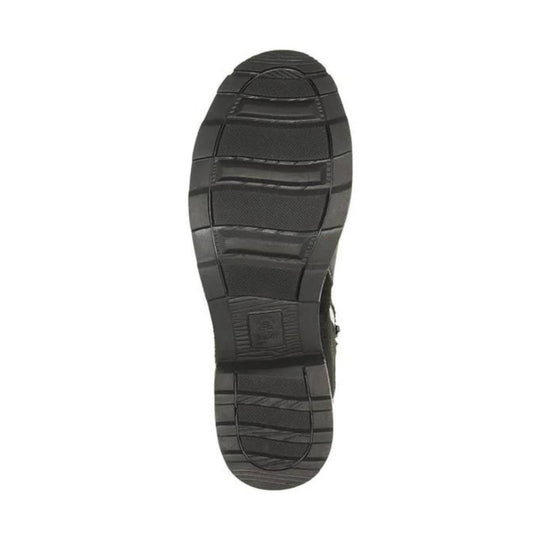 Black boot outsole with deep tread and textured rubber panels