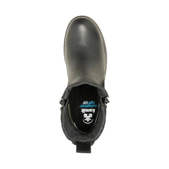 Black ankle boot seen from above with a rounded toe and pull tab