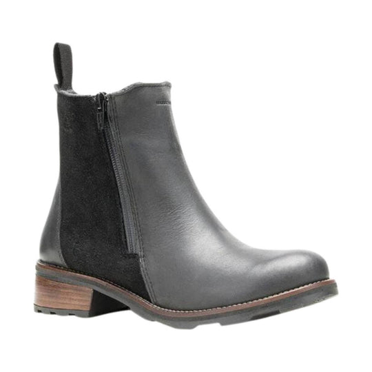 Black ankle boot with side zipper, elastic side panel, and low stacked wood heel