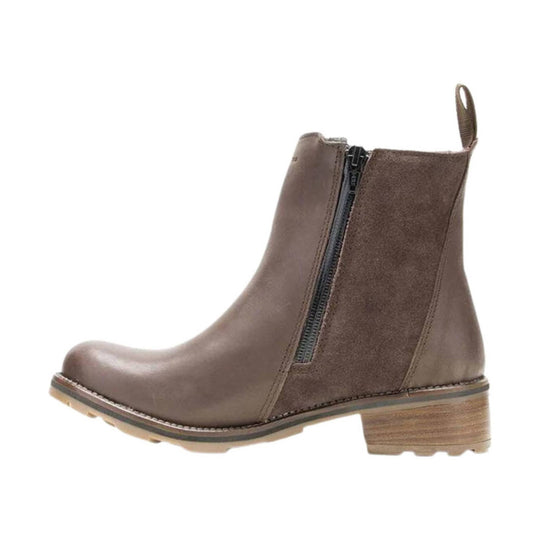 Brown ankle boot with suede side panel, side zipper, and pull tab