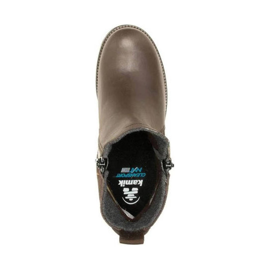 Brown ankle boot seen from above with a round toe, fleece collar, and side zippers