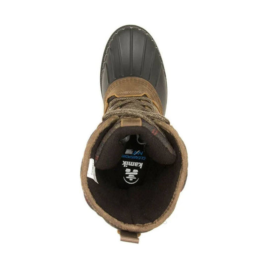 Brown and black winter boot shown from above, with lace-up closure and tan trim