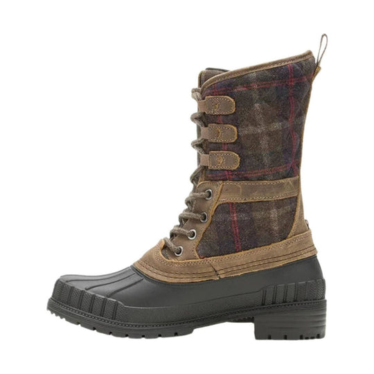 Tall brown winter boot with plaid shaft, lace-up front, side buckles, and black rubber sole